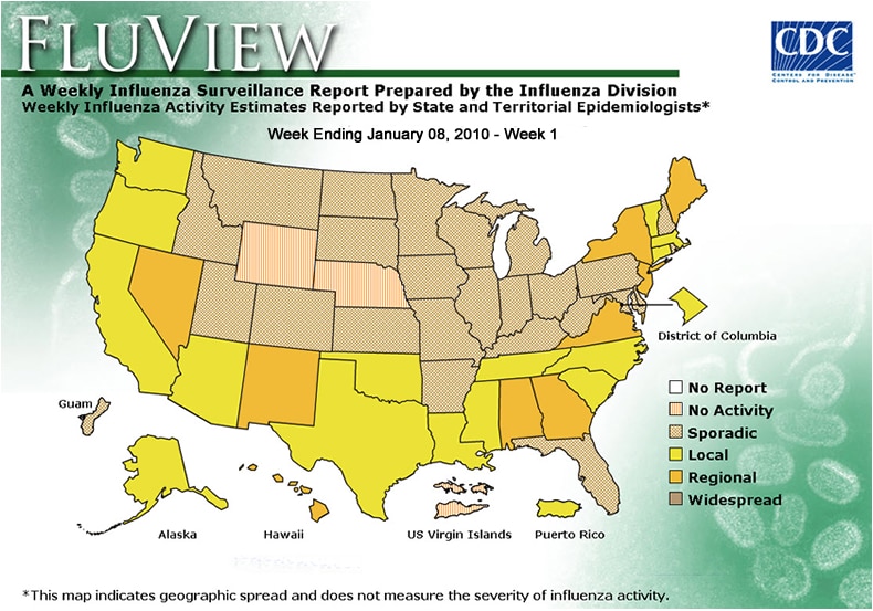 FluView, Week Ending January 8, 2010. Weekly Influenza Surveillance Report Prepared by the Influenza Division. Weekly Influenza Activity Estimate Reported by State and Territorial Epidemiologists. Select this link for more detailed data.