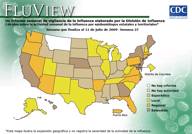 FluView, Week Ending July 11, 2009. Weekly Influenza Surveillance Report Prepared by the Influenza Division. Weekly Influenza Activity Estimate Reported by State and Territorial Epidemiologists. Select this link for more detailed data.