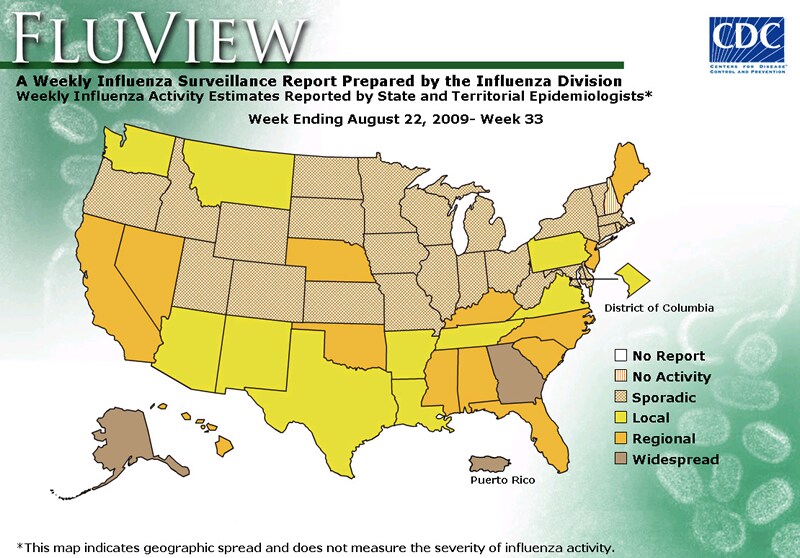 FluView, Week Ending August 22, 2009. Weekly Influenza Surveillance Report Prepared by the Influenza Division. Weekly Influenza Activity Estimate Reported by State and Territorial Epidemiologists. Select this link for more detailed data.
