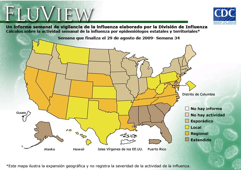 FluView, Week Ending August 29, 2009. Weekly Influenza Surveillance Report Prepared by the Influenza Division. Weekly Influenza Activity Estimate Reported by State and Territorial Epidemiologists. Select this link for more detailed data.
