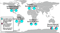 This is a map of the world that shows the co-circulation of novel 2009-H1N1 flu and seasonal influenza viruses. Seven countries are featured, including Canada, Brazil, Chile, England, South Africa, Australia (New South Wales) and New Zealand. For each of these countries, there is a pie chart that shows the percentage of laboratory confirmed influenza cases that have tested positive for either novel 2009-H1N1 Flu or other influenza subtypes. Other influenza subtypes are being reported more commonly in the countries within the Southern Hemisphere because the flu season has already started there. South Africa and New South Wales, Australia have an asterisk next to them because the seasonal influenza strains that are circulating in these countries are mostly H3 subtype influenza viruses.
