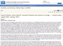 Screenshot of MMWR web page for the report entitled 'Interim Results: State-Specific Seasonal Influenza Vaccination Coverage --- United States, August 2009 – January 2010'