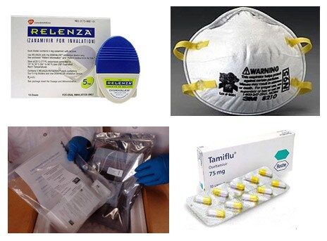 Picture of antiviral medication Relenza, in a diskhaler, Picture of N-95 mask, Picture of laboratory person handling packages of RT-PCR test kits and Picture of antiviral medication Tamiflu, in a blister package.
