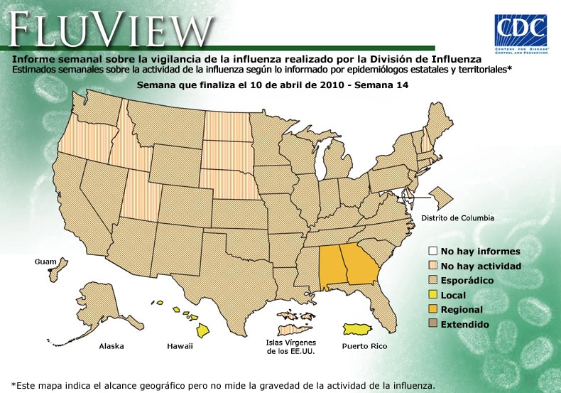 FluView, Week Ending April 10, 2010. Weekly Influenza Surveillance Report Prepared by the Influenza Division. Weekly Influenza Activity Estimate Reported by State and Territorial Epidemiologists. Select this link for more detailed data.