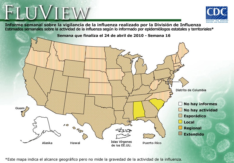 FluView, Week Ending April 24, 2010. Weekly Influenza Surveillance Report Prepared by the Influenza Division. Weekly Influenza Activity Estimate Reported by State and Territorial Epidemiologists. Select this link for more detailed data.