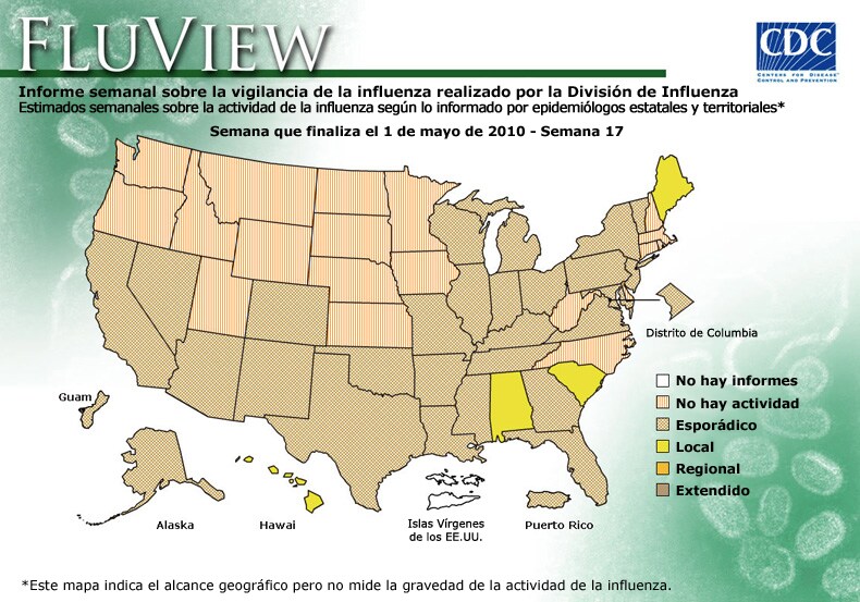 FluView, Week Ending May 1, 2010. Weekly Influenza Surveillance Report Prepared by the Influenza Division. Weekly Influenza Activity Estimate Reported by State and Territorial Epidemiologists. Select this link for more detailed data.