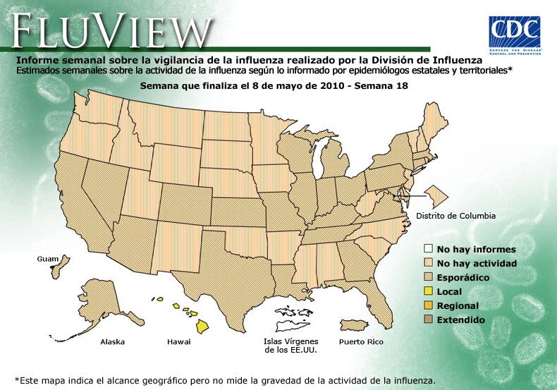 FluView, Week Ending May 8, 2010. Weekly Influenza Surveillance Report Prepared by the Influenza Division. Weekly Influenza Activity Estimate Reported by State and Territorial Epidemiologists. Select this link for more detailed data.