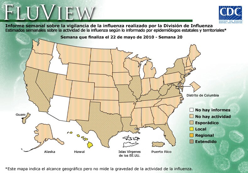 FluView, Week Ending May 22, 2010. Weekly Influenza Surveillance Report Prepared by the Influenza Division. Weekly Influenza Activity Estimate Reported by State and Territorial Epidemiologists. Select this link for more detailed data.