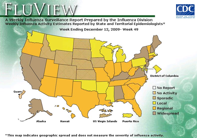 FluView, Week Ending December 12, 2009. Weekly Influenza Surveillance Report Prepared by the Influenza Division. Weekly Influenza Activity Estimate Reported by State and Territorial Epidemiologists. Select this link for more detailed data.