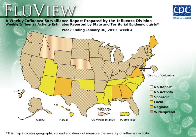 FluView, Week Ending January 30, 2010. Weekly Influenza Surveillance Report Prepared by the Influenza Division. Weekly Influenza Activity Estimate Reported by State and Territorial Epidemiologists. Select this link for more detailed data.