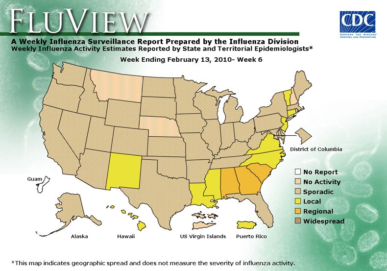 FluView, Week Ending February 13, 2010. Weekly Influenza Surveillance Report Prepared by the Influenza Division. Weekly Influenza Activity Estimate Reported by State and Territorial Epidemiologists. Select this link for more detailed data.