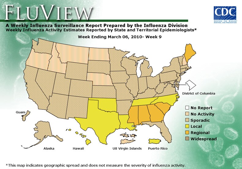 FluView, Week Ending March 6, 2010. Weekly Influenza Surveillance Report Prepared by the Influenza Division. Weekly Influenza Activity Estimate Reported by State and Territorial Epidemiologists. Select this link for more detailed data.