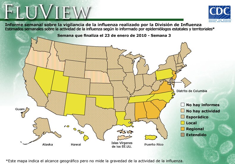FluView, Week Ending January 23, 2010. Weekly Influenza Surveillance Report Prepared by the Influenza Division. Weekly Influenza Activity Estimate Reported by State and Territorial Epidemiologists. Select this link for more detailed data.