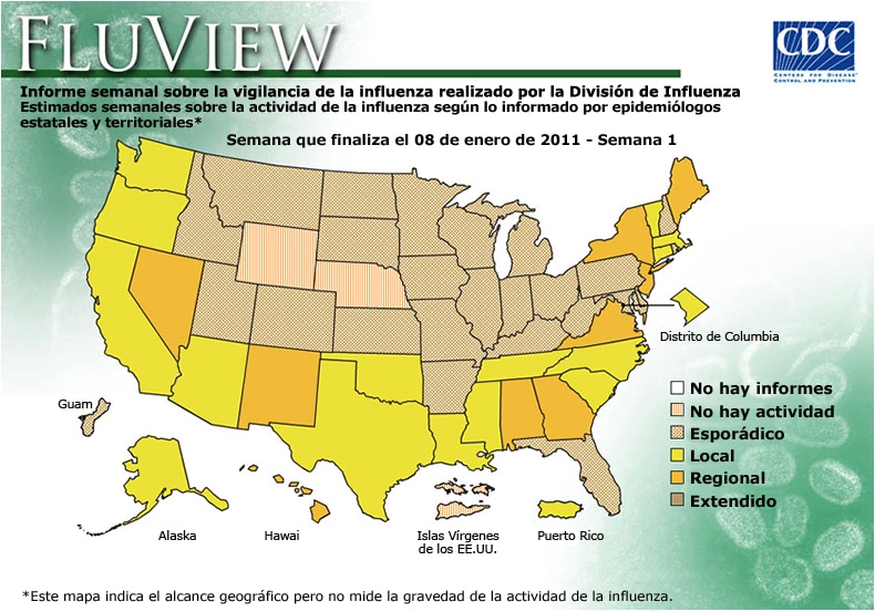 FluView, Week Ending January 8, 2010. Weekly Influenza Surveillance Report Prepared by the Influenza Division. Weekly Influenza Activity Estimate Reported by State and Territorial Epidemiologists. Select this link for more detailed data.