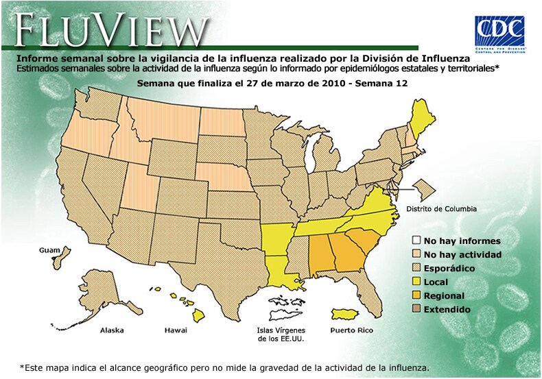 FluView, Week Ending March 27, 2010. Weekly Influenza Surveillance Report Prepared by the Influenza Division. Weekly Influenza Activity Estimate Reported by State and Territorial Epidemiologists. Select this link for more detailed data.