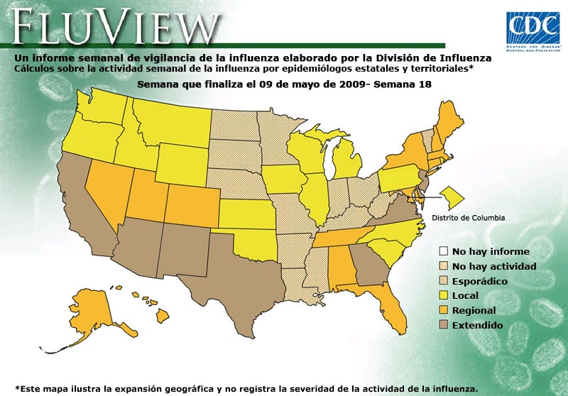 FluView, Week Ending May 09, 2009. Weekly Influenza Surveillance Report Prepared by the Influenza Division. Weekly Influenza Activity Estimate Reported by State and Territorial Epidemiologists. Select this link for more detailed data.