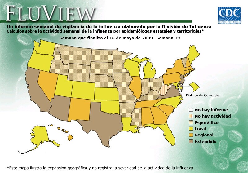 FluView, Week Ending May 16, 2009. Weekly Influenza Surveillance Report Prepared by the Influenza Division. Weekly Influenza Activity Estimate Reported by State and Territorial Epidemiologists. Select this link for more detailed data.