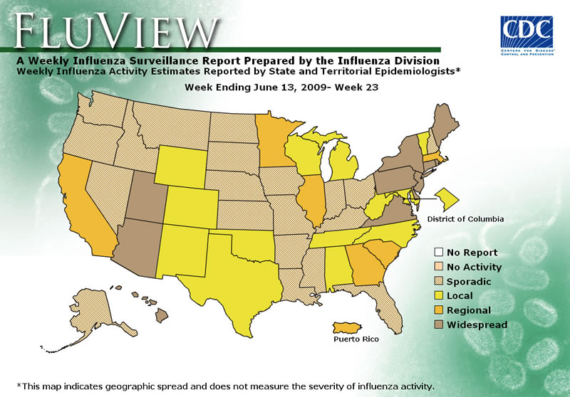 FluView, Week Ending June 13, 2009. Weekly Influenza Surveillance Report Prepared by the Influenza Division. Weekly Influenza Activity Estimate Reported by State and Territorial Epidemiologists. Select this link for more detailed data.