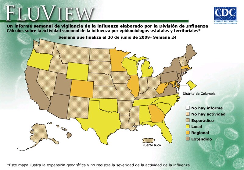 FluView, Week Ending June 20, 2009. Weekly Influenza Surveillance Report Prepared by the Influenza Division. Weekly Influenza Activity Estimate Reported by State and Territorial Epidemiologists. Select this link for more detailed data.
