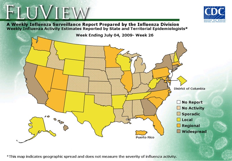 FluView, Week Ending July 4, 2009. Weekly Influenza Surveillance Report Prepared by the Influenza Division. Weekly Influenza Activity Estimate Reported by State and Territorial Epidemiologists. Select this link for more detailed data.