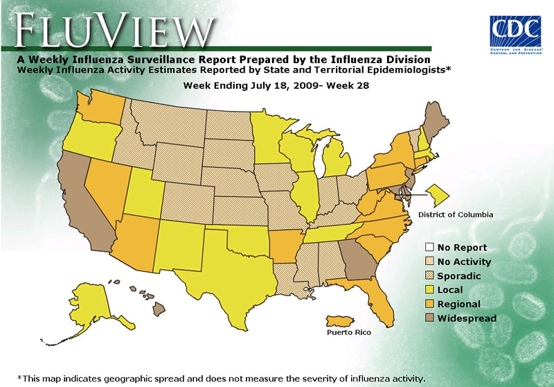 FluView, Week Ending July 18, 2009. Weekly Influenza Surveillance Report Prepared by the Influenza Division. Weekly Influenza Activity Estimate Reported by State and Territorial Epidemiologists. Select this link for more detailed data.