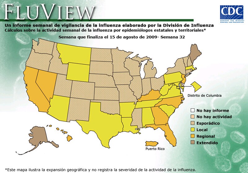 FluView, Week Ending August 15, 2009. Weekly Influenza Surveillance Report Prepared by the Influenza Division. Weekly Influenza Activity Estimate Reported by State and Territorial Epidemiologists. Select this link for more detailed data.
