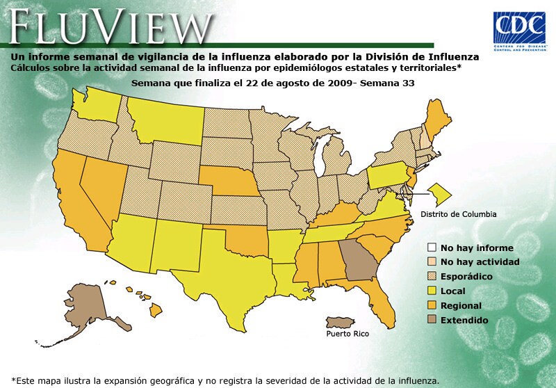 FluView, Week Ending August 22, 2009. Weekly Influenza Surveillance Report Prepared by the Influenza Division. Weekly Influenza Activity Estimate Reported by State and Territorial Epidemiologists. Select this link for more detailed data.