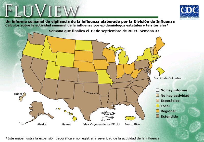 FluView, Week Ending September 19, 2009. Weekly Influenza Surveillance Report Prepared by the Influenza Division. Weekly Influenza Activity Estimate Reported by State and Territorial Epidemiologists. Select this link for more detailed data.