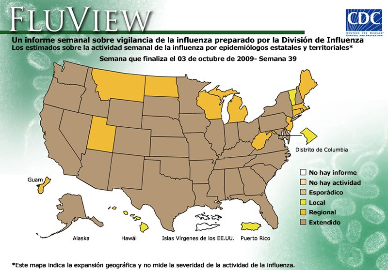 FluView, Week Ending October 3, 2009. Weekly Influenza Surveillance Report Prepared by the Influenza Division. Weekly Influenza Activity Estimate Reported by State and Territorial Epidemiologists. Select this link for more detailed data.