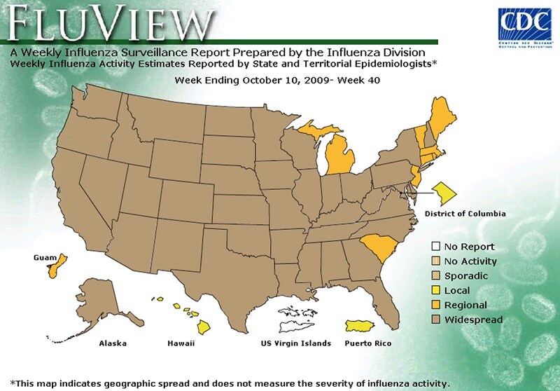 FluView, Week Ending October 10, 2009. Weekly Influenza Surveillance Report Prepared by the Influenza Division. Weekly Influenza Activity Estimate Reported by State and Territorial Epidemiologists. Select this link for more detailed data.