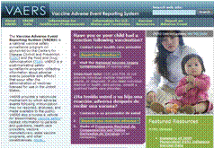 VAERS web site screenshot of the homepage.
