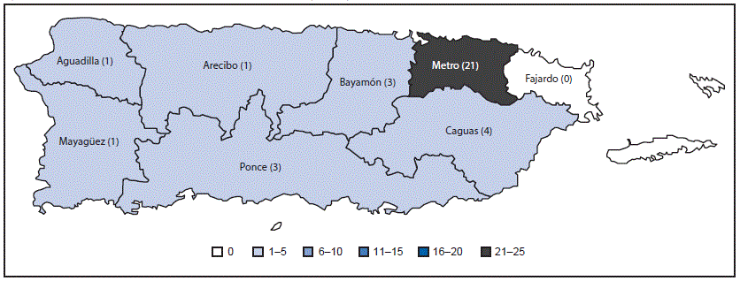 The figure above is a map of Puerto Rico showing reported cases of confirmed and suspected Guillain-Barré syndrome in persons with evidence of Zika virus or flavivirus infection, by public health region of residence, during January 1–July 31, 2016.