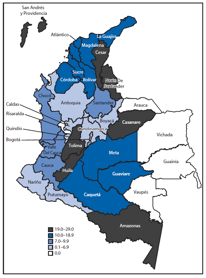 The above figure is a map of Colombia showing the number of cases of congenital microcephaly per 10,000 live births by reporting area during January 31â€“November 12 in 2016.