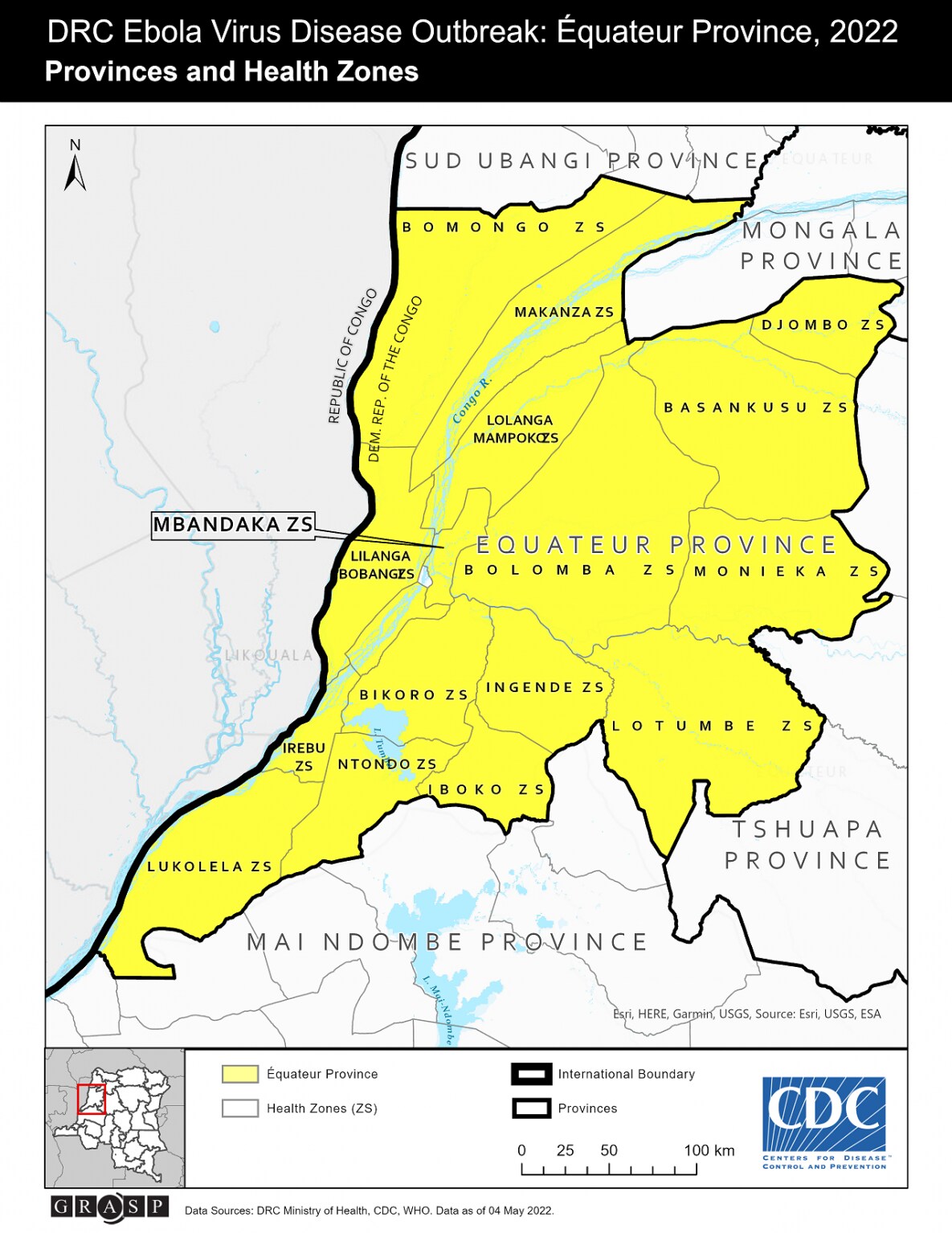 Map of DRC Ebola Virus Disease Outbreak: Équateur Province, 2022 Provinces and Health Zones