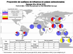 This picture depicts a map of the world that shows the co-circulation of 2009 H1N1 flu and seasonal influenza viruses. Australia, Chile, China, Ghana, Kenya, New Zealand, and Thailand are represented. There is a pie chart for each that shows the proportion of laboratory-confirmed influenza cases that have tested positive for either 2009 H1N1 flu or other influenza subtypes. The majority of laboratory-confirmed influenza cases reported in Australia, Chile, and Ghana in weeks 28 and 29 were 2009 H1N1 flu.