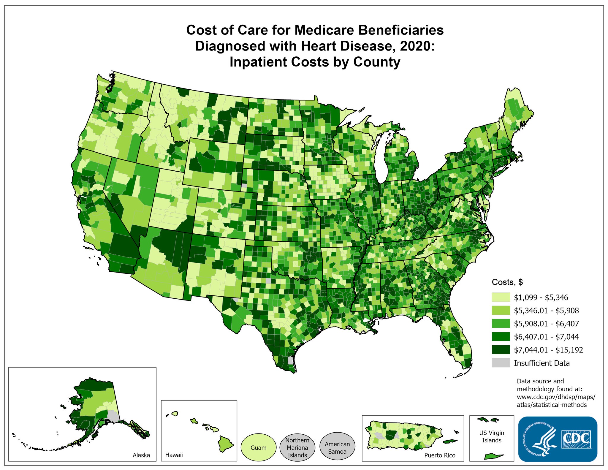 Costs of Care per Capita for FFS Medicare beneficiaries diagnosed with Heart Disease, 2015: Inpatient Costs, by county. This map shows the concentrations of counties with the highest inpatient costs per capita – meaning the top quintile – are located primarily in pockets of south Texas, North Carolina, Kentucky, Michigan, central California, Nevada, Arkansas, Missouri, Ohio, Florida, Pennsylvania, and New York.
