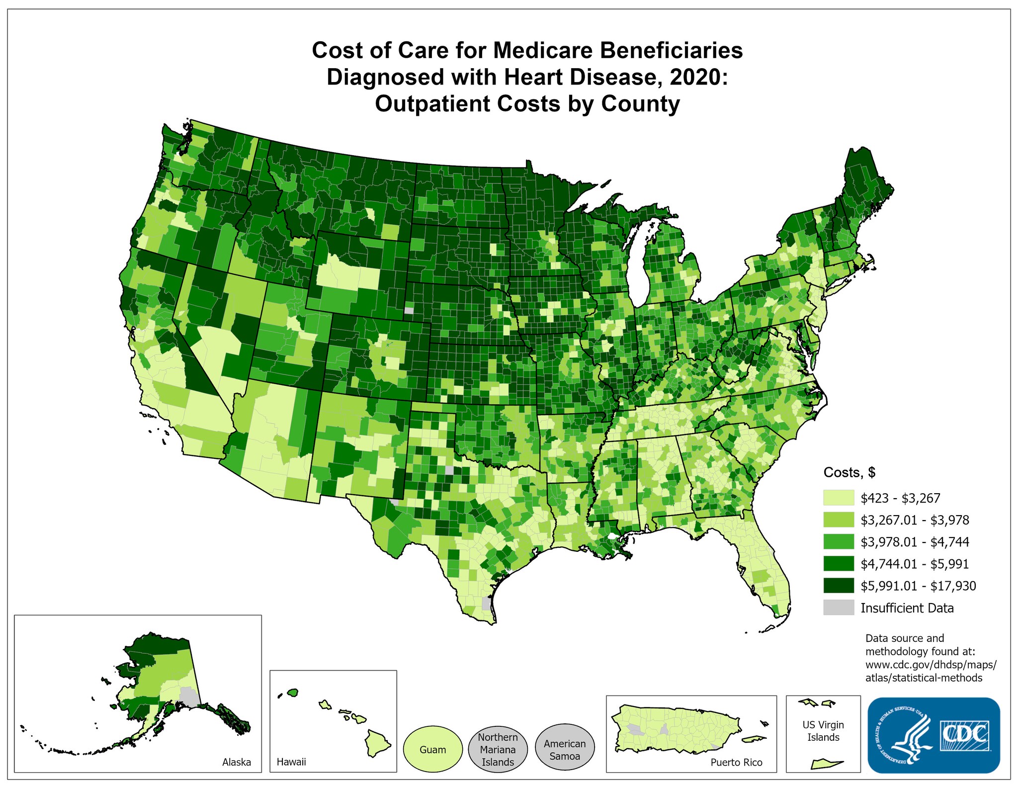 Costs of Care per Capita for FFS Medicare beneficiaries diagnosed with Heart Disease, 2015: Outpatient Costs, by county. This map shows the concentrations of counties with the highest outpatient costs per capita – meaning the top quintile – are located primarily in Minnesota, North Dakota, Montana, Idaho, South Dakota, Iowa, Kansas, Nebraska, Maine, with pockets in Nevada, east central California, Oregon, and Washington.