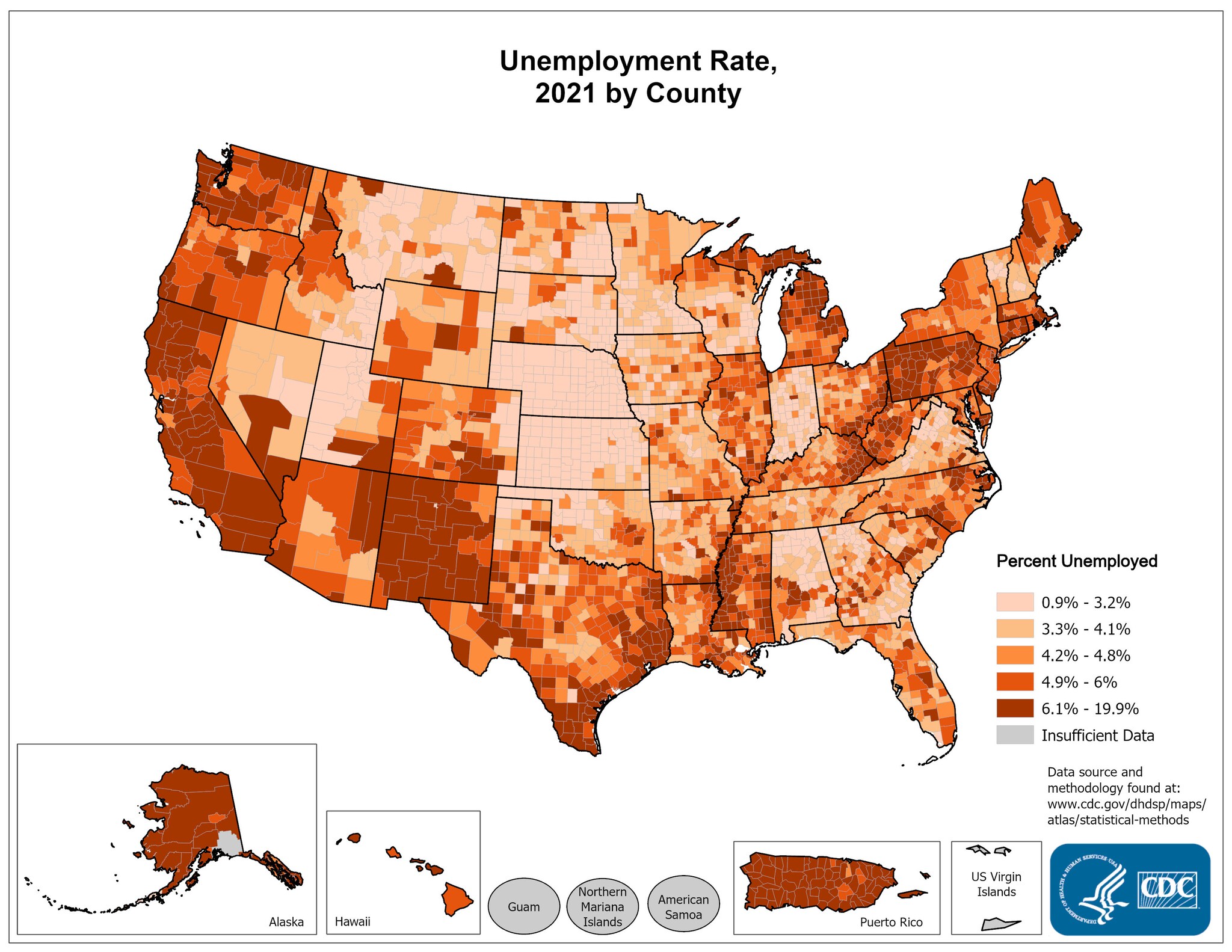 Unemployment Rate by County 2015. Counties with the highest unemployment rates in 2015 were scattered throughout northern Michigan, Alaska, the West Coast, the Mississippi Delta, eastern Kentucky, and rural Georgia and Alabama. The range in the unemployment rate was between 1.8% and 24.3%.
