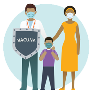Una ilustración de un padre y una madre con su niño pequeño, todos con mascarilla. El padre tienen un escudo con la palabra "vacuna" en el frente.