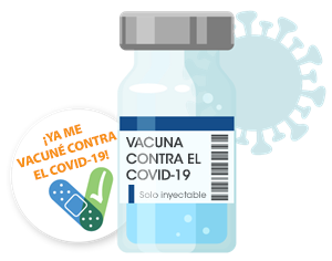 imagen de un vial estilizado con el coronavirus de fondo Un autoadhesivo a la izquierda del vial que dice: "¡Ya me vacuné!"