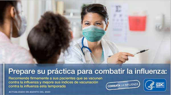 profesional de atención médica con mascarilla señalando con el texto Prepare su práctica para combatir la influenza