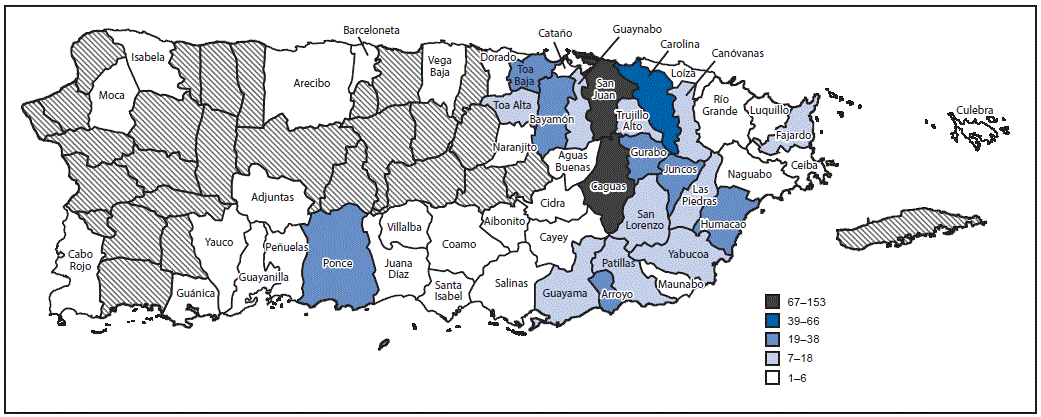 The figure above is a map of Puerto Rico showing the geographic distribution of residence of persons with Zika virus disease (n = 679), by municipality, during November 1, 2015–April 14, 2016