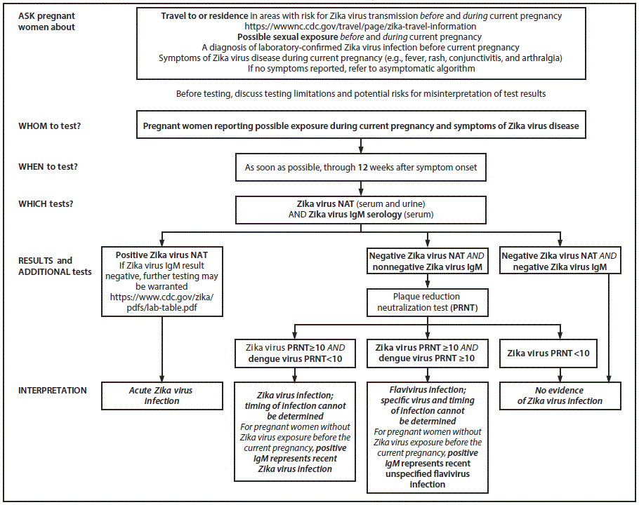 The figure above is an algorithm showing updated interim testing recommendations and interpretation of results for symptomatic pregnant women with possible Zika virus exposure in the United States (including U.S. territories) during July 2017.