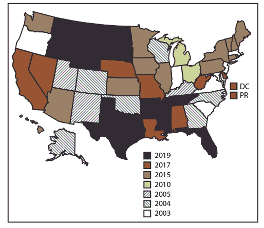 Map of United States indicates the year in which the state or territory began collecting data in the  National Violent Death Reporting System. California began collecting data for a subset of violent deaths  in 2005 but ended data collection in 2009. In 2017, California resumed data collection. Michigan  collected data for a subset of violent deaths during 2010–2013 and collected statewide data beginning  in 2014. In 2016, Illinois, Pennsylvania, and Washington began collecting data on violent deaths in a  subset of counties that represents at least 80%26#37; of all violent deaths in the states or in counties where at  least 1,800 violent deaths occur. In 2019, all 50 U.S. states, Puerto Rico, and the District of Columbia  were participating in the system.
