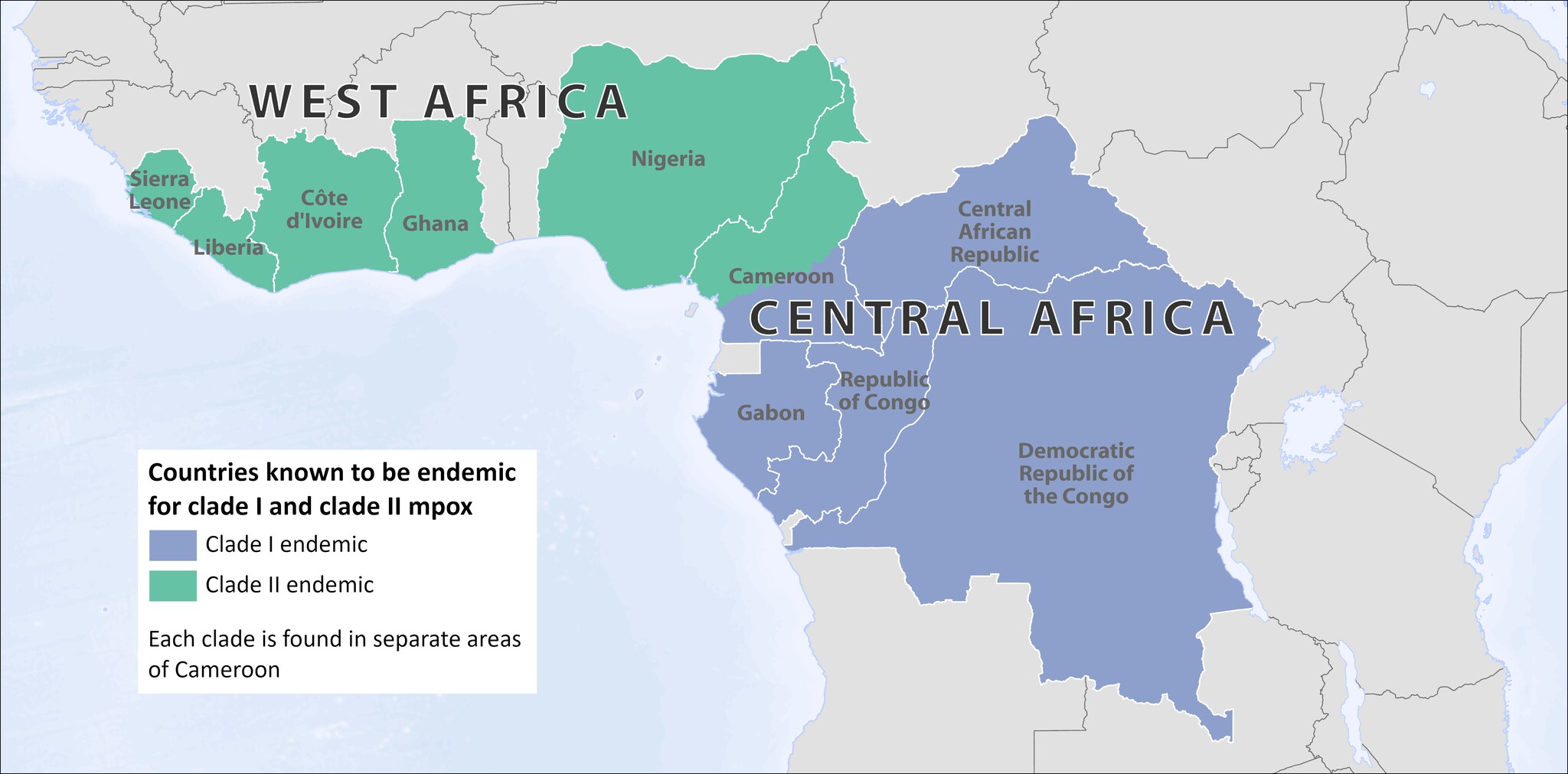 Map of countries known to be endemic for clade I & 2 Mpox