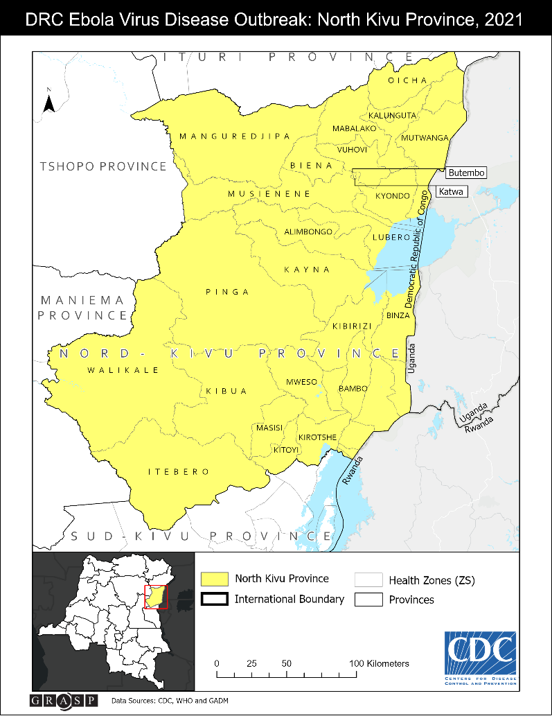 Map showing Ebola Virus Disease Outbreak in DRC North Kivu Province, February 2021